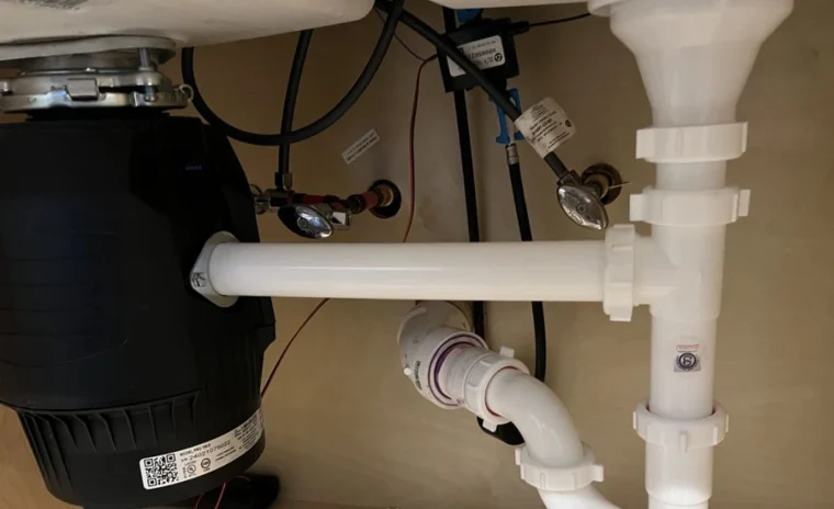 An under sink plumbing setup with a black garbage disposal unit, white PVC pipes, and water lines.